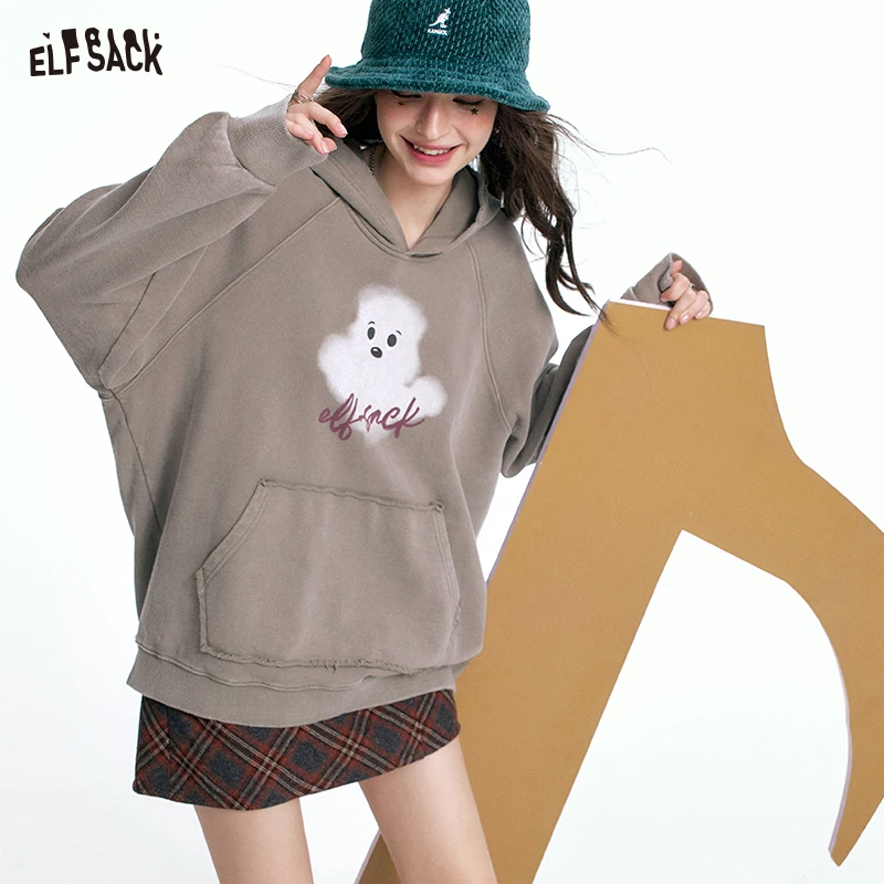 ELFSACK 2024 Autumn New Arrivals Retro Print Casual Hoodie for Women Loose Thin Sweatshirt