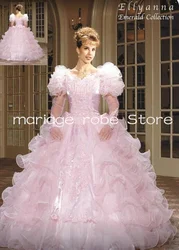 Vintage Pink Princess Wedding Dresses Retro Fashion Puffy Long Sleeve Ruffles Skirt Lace Bow Church Garden Bridal Gown