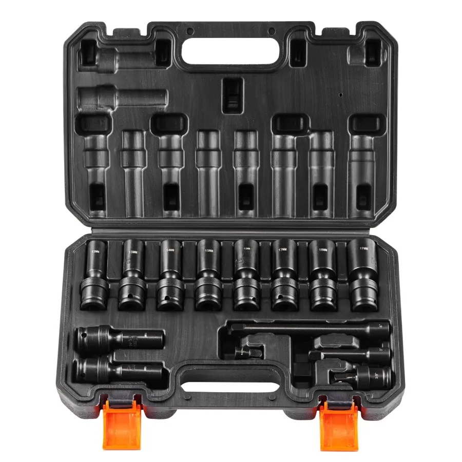 

360 Swivel Impact Socket Set, 3/8 Drive, 14-Piece Metric Deep Sockets 10-19mm in Black, 6-Point Cr-Mo Steel for Automotive Repa