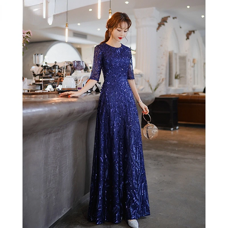 Royal Blue Long Formal Dresses For Women Elegant O-neck Sparkly Sequin Evening Dresses