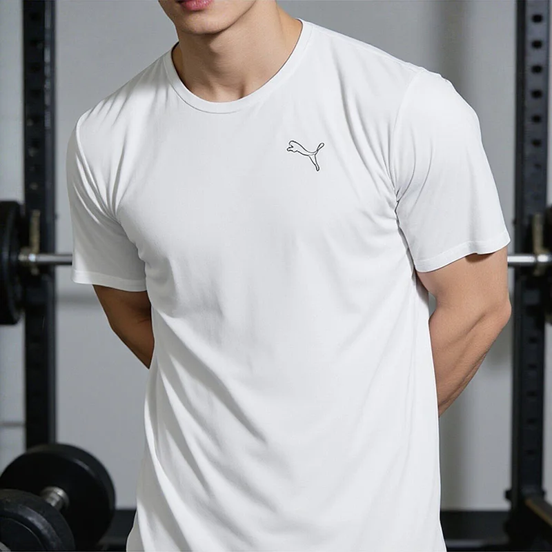 

Мужская футболка Puma с коротким рукавом, круглым вырезом и вырезом с логотипом кошки, повседневная базовая футболка Puma, белая