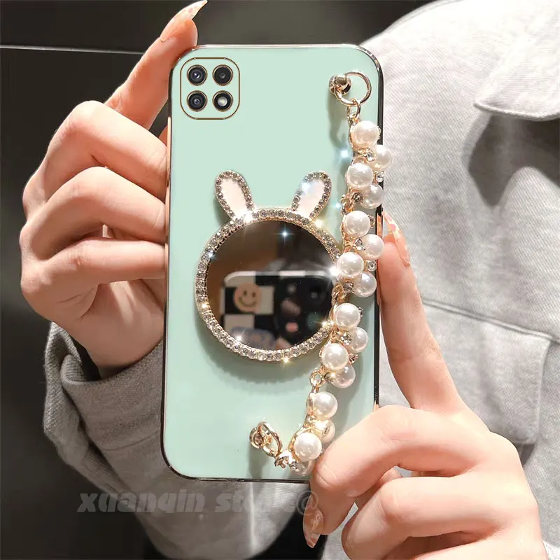 Rabbit Makeup Mirror Electroplated Pearl Wristband Phone Case For Samsung Galaxy Wide 5 A22 F42 5G A22s Wied5 Silicone Cover