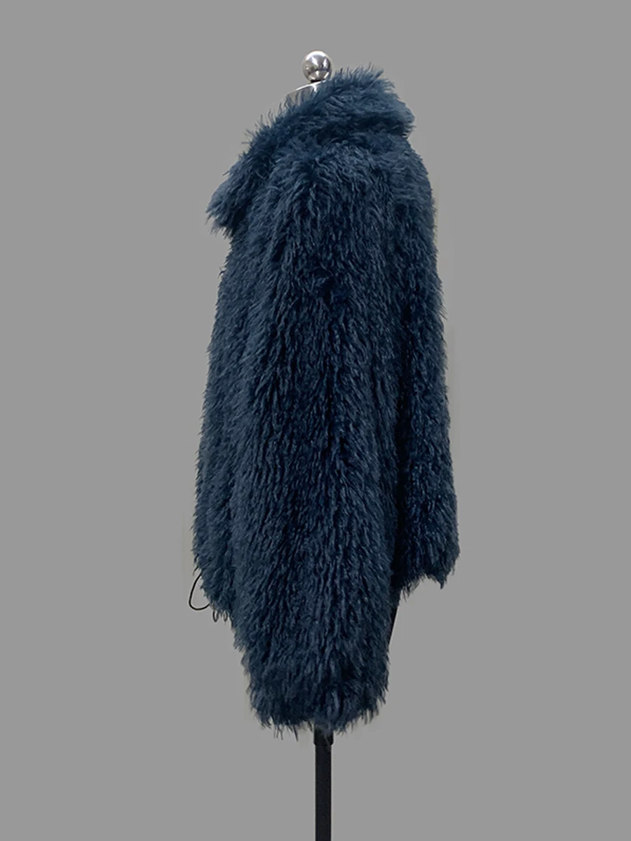 Nerazzurri Autumn Winter Short Oversized Dark Blue Thick Warm Fuzzy Faux Mongolian Fur Coat Women Turn-Down Collar Fluffy Jacket