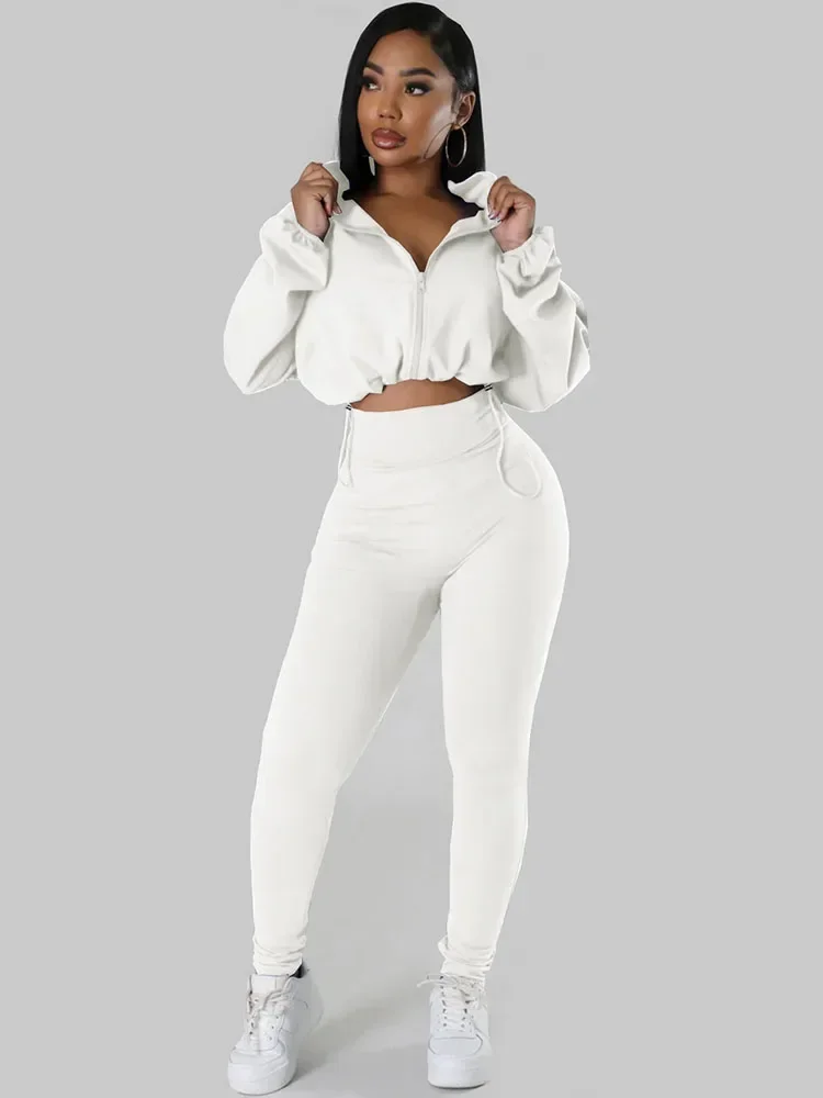 Solid Sportwear Two Piece Set for Women Tracksuit Casual Fitness Workout Zipper Bomber Jacket Top and Sweatpants Matching Sets