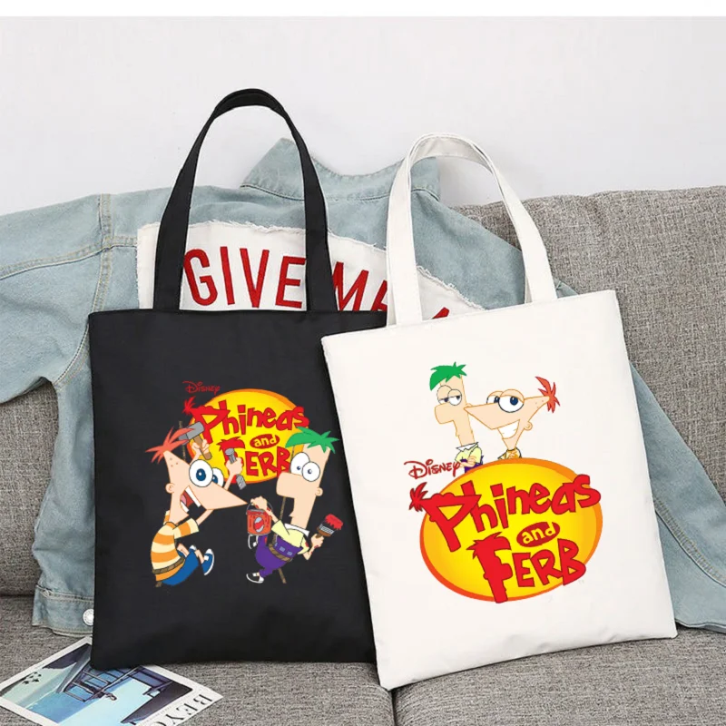 Women Phineas And Ferb Shopper Bag Shopping Bag Travel Shoulder Bag Student Canvas Bags Large Capacity College Handbag