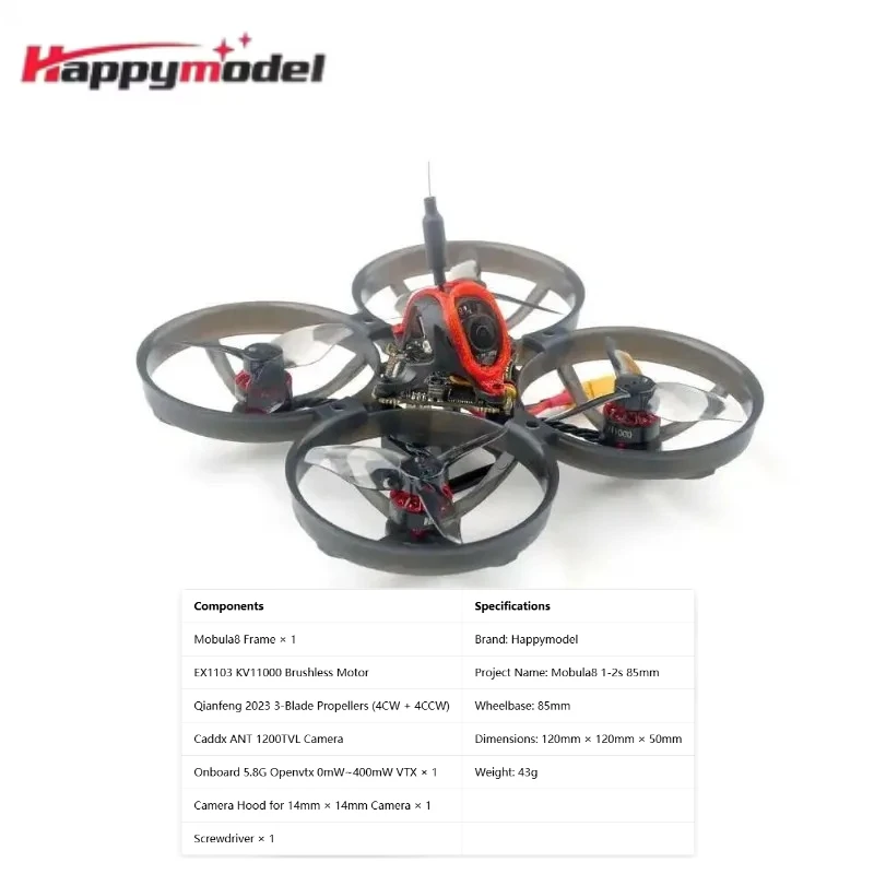 HappyModel Mobula8 1-2S 85mm Micro Whoop Drone X12 AIO FC Flight Controller 400mW OPENVTX Caddx Ant 1200TVL EX1103 KV11000 - image 1 of 4
