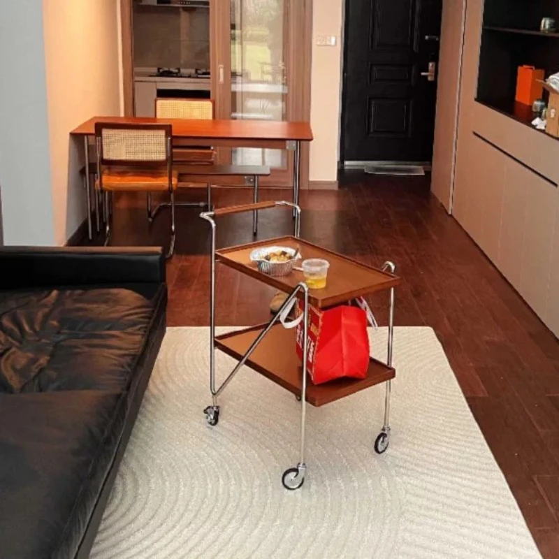 2-Tier French Retro Rattan Trolley, Movable Solid Wood Shelf Unit for Living Room, Vintage Storage Cart & Sofa Side Table