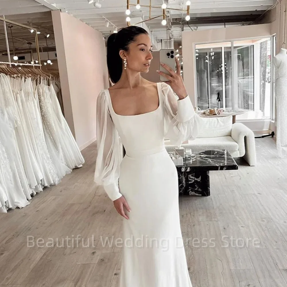 Simple Mermaid Wedding Dresses Woman Zipper Long Sleeves Square Neck Bride Gowns Long Bridal Gowns Custom Vestido De Novia