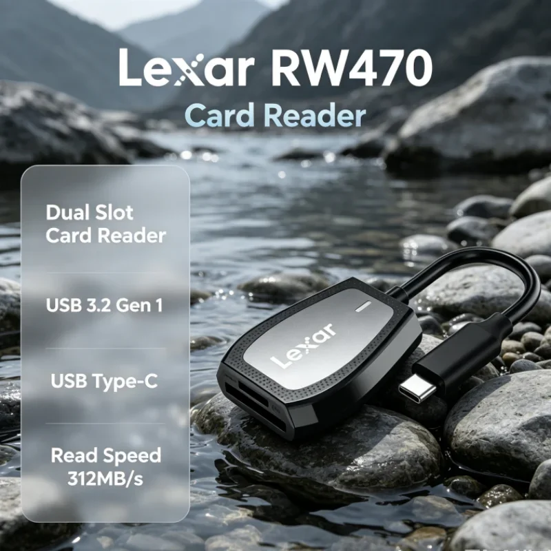 Lexar RW470 Card Reader Dual Slot USB 3.2 Gen1 2-in-1 Type-C SD microSD UHS-II 312MB/s Read for Card Data Transfer