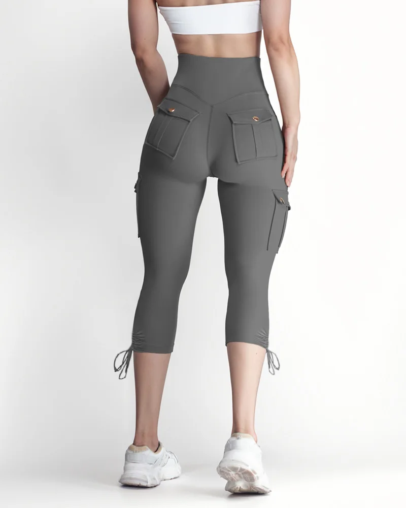 

Spring Pants Women High Waist Pocket Design Drawstring Cargo Workout Pants Casual Slim Fit Yoga Capri Pencil Pants