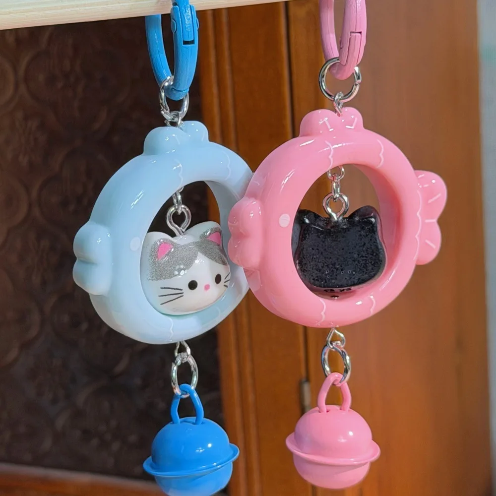 Cute Swinging Cat Fish Ring Keychain With Matching Bell Lovely Backpack Car Key Decor Gift For Cat Loving Girls