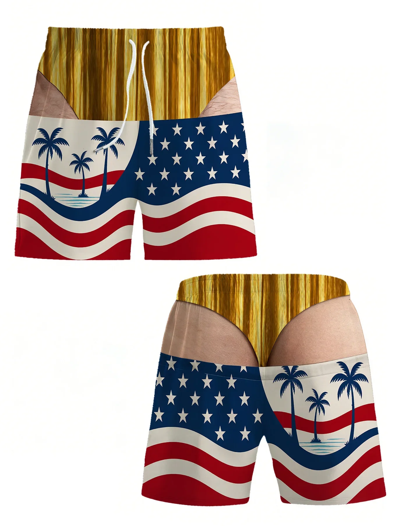 Men's Funny 3D Print Boardshorts, Fake Bikini Visual Effect Swim Trunks, USA Flag Palm Tree Graphic Shorts, Summer Beach Party