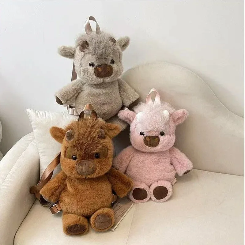 40cm Kawaii Highland Cattle Plush Backpack for Women Cartoon Funny Huggable Running Cow Crossbody Bag Large Capacity Tote Bag