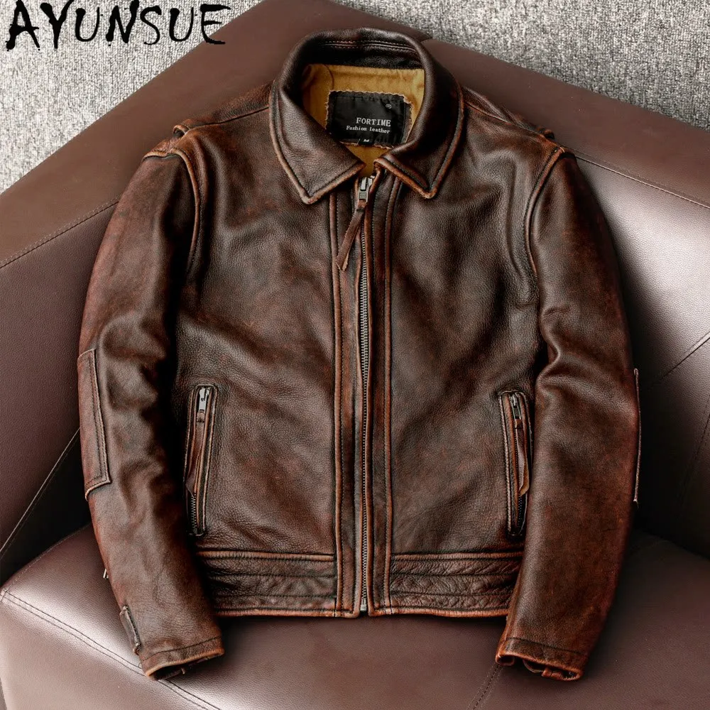 AYUNSUE Pure Top Layer Cowhide Genuine Leather Jacket Men Stone‑washed Distressed Real Cow Leather Coat Motorcycle Jackets Trend