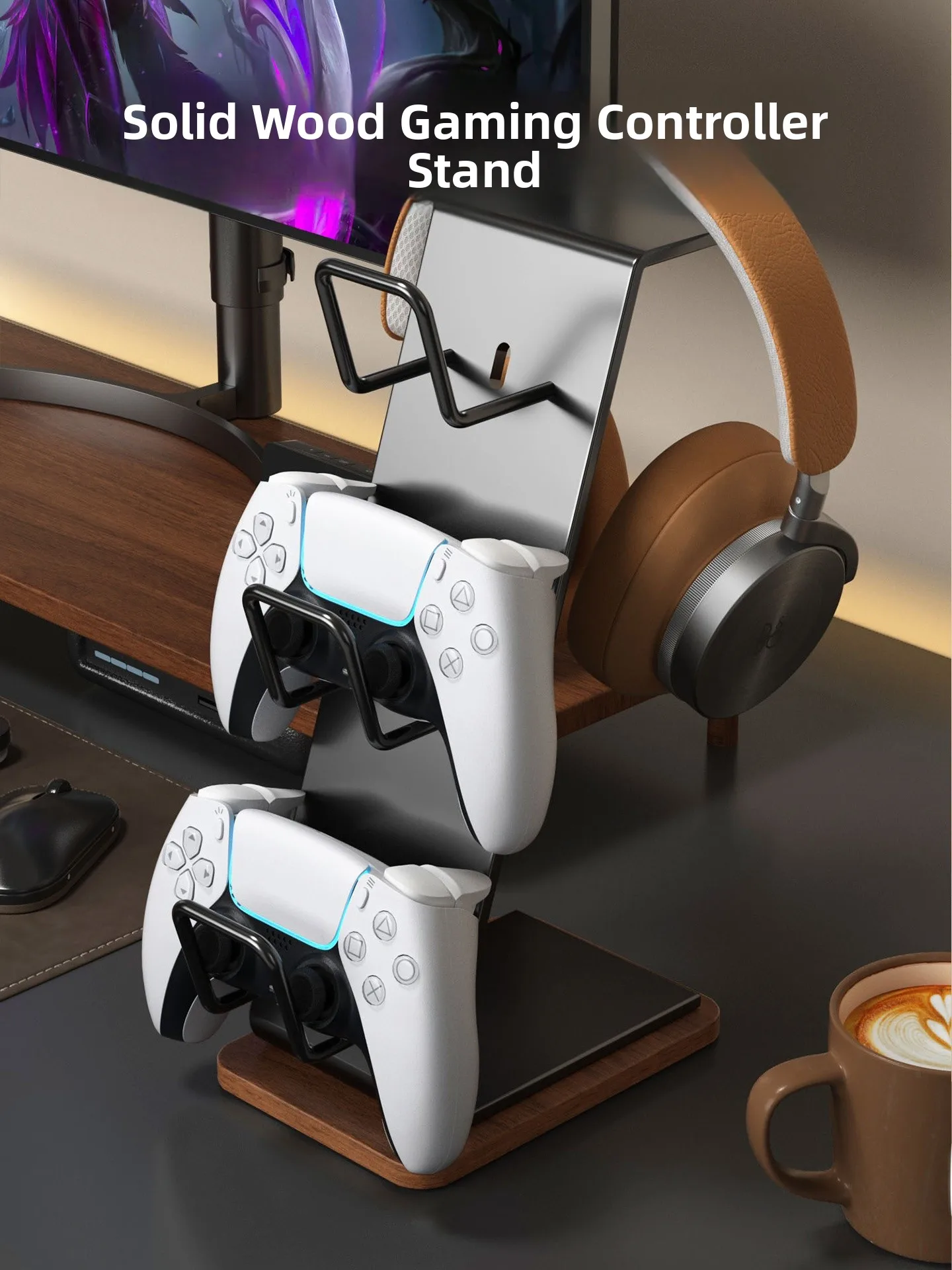 

Real Wood Game Controller Headset Stand Desktop Wireless Storage Rack Two-In-One Support Frame Earphone Gaming Earplug Hanger