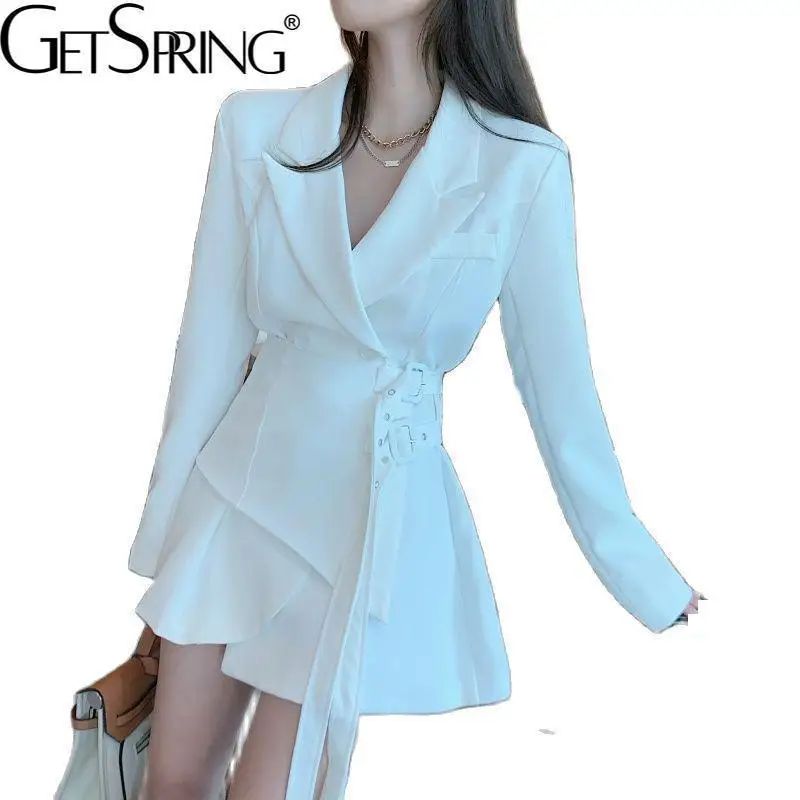 Getspring Women Blazer Dress long slim Patchwork Asymmetry Vintage Women Coat Jackets Black Apricot Bandage Fashion Outfit 2022