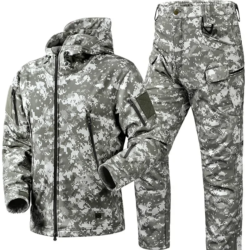 Tactical Winter Set Men\'s Outdoor Windproof Waterproof Suit Multi-Pocket Soft Shell Hooded Jackets Hunting Work Pants Suit