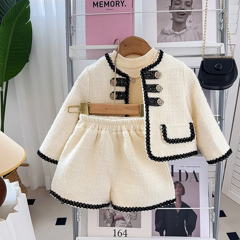 Zestawy dziecięce Wiosna Koreańska Dziewczynka Dziecko Francuski Luźny Płaszcz Spodnie Dwuczęściowy Okrągły Kołnierz Moda 2024 Guzik Prosty