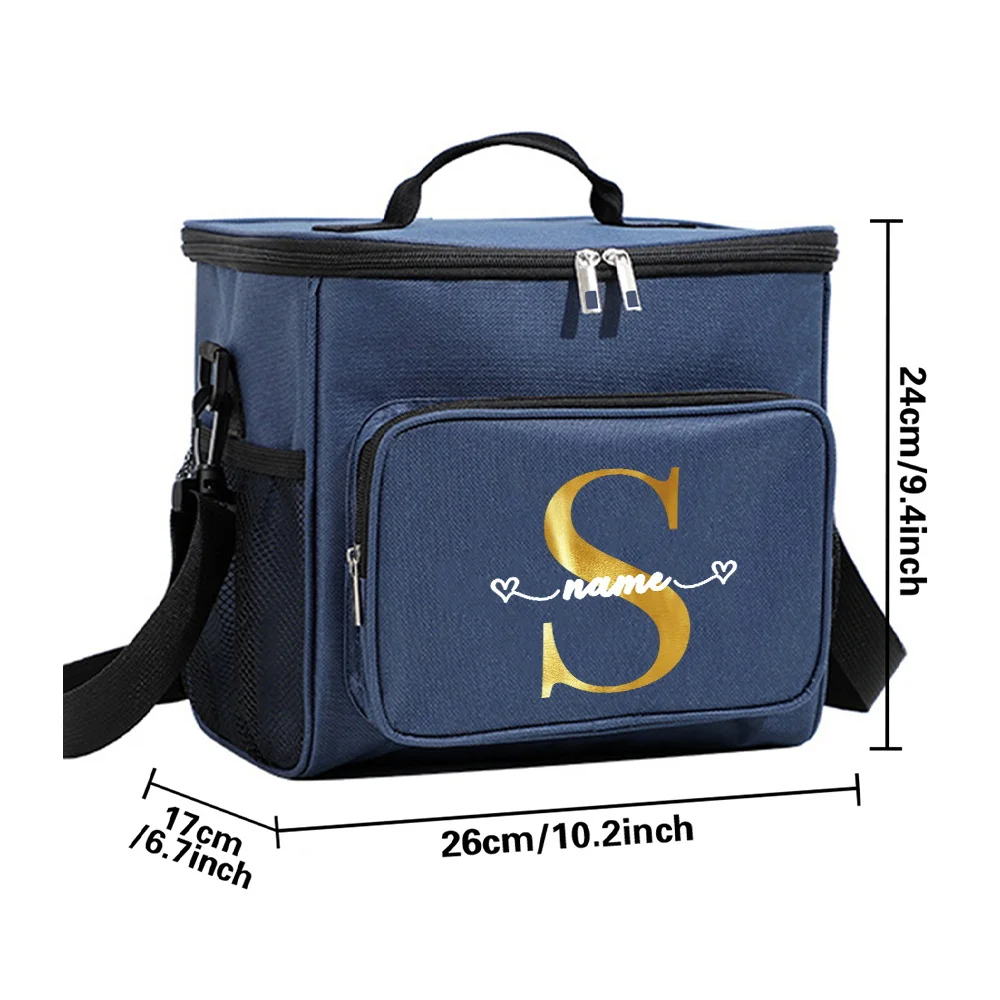 Customizable Name Blue Lunch Bag Insulated Handbag Gold Letter Series Multi Functional Picnic Lunch Box Waterproof Lunch Box