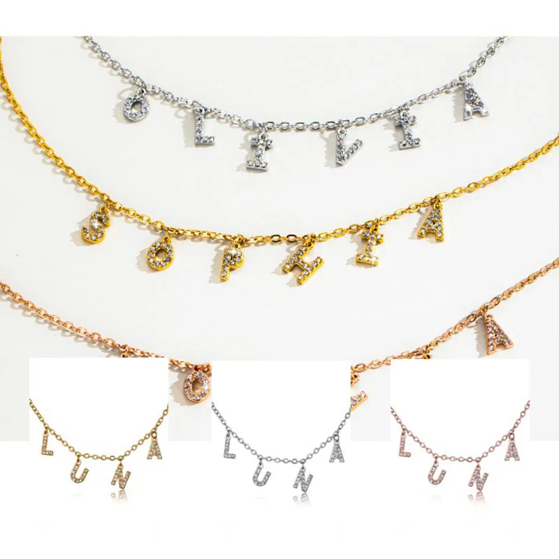 

Custom Letter Charm Necklace Dangling Initial Choker Crystal Name Necklace Personalised Word Necklace Zirconia Initial Jewellery