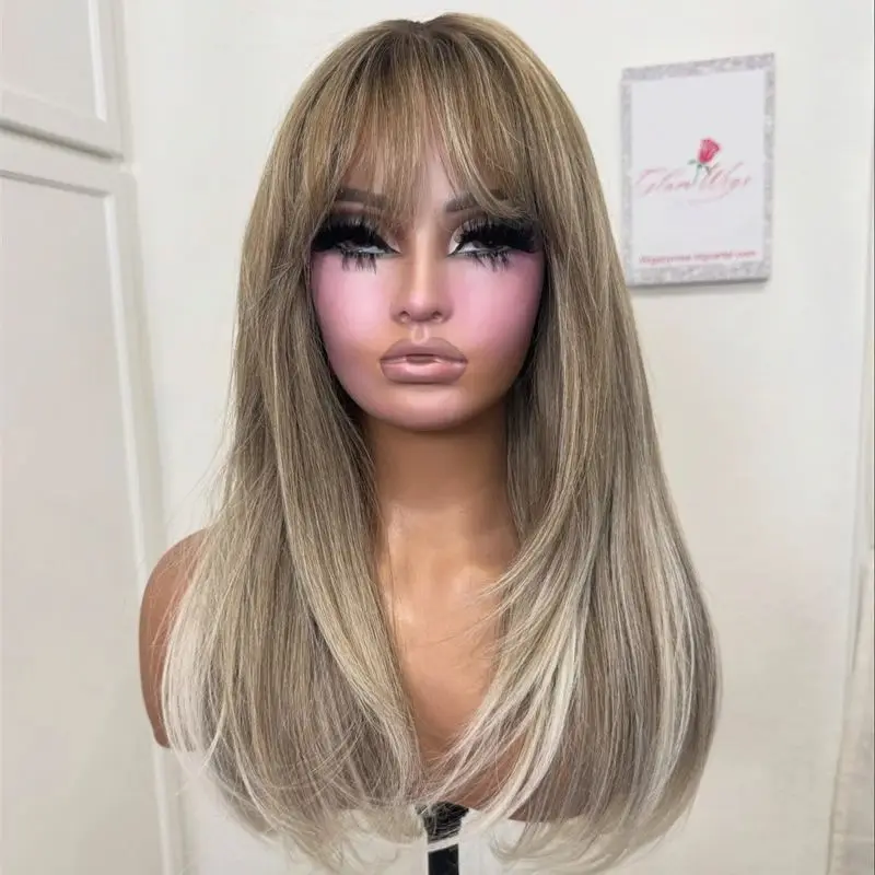 

Синтетический парик омбре с эффектом пепельного блонда и коричневых оттенков, с HD-кружевной передней частью, высокой плотности, с челкой, для вечеринок, повседневного использования и косплея, высококачественный, 18 дюймов