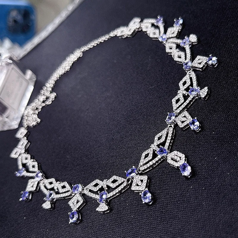 Natural Tanzanite Necklace S925 Silver Inlaid 3*4mm Tanzanite Retro Geometric Evening Choker for Women