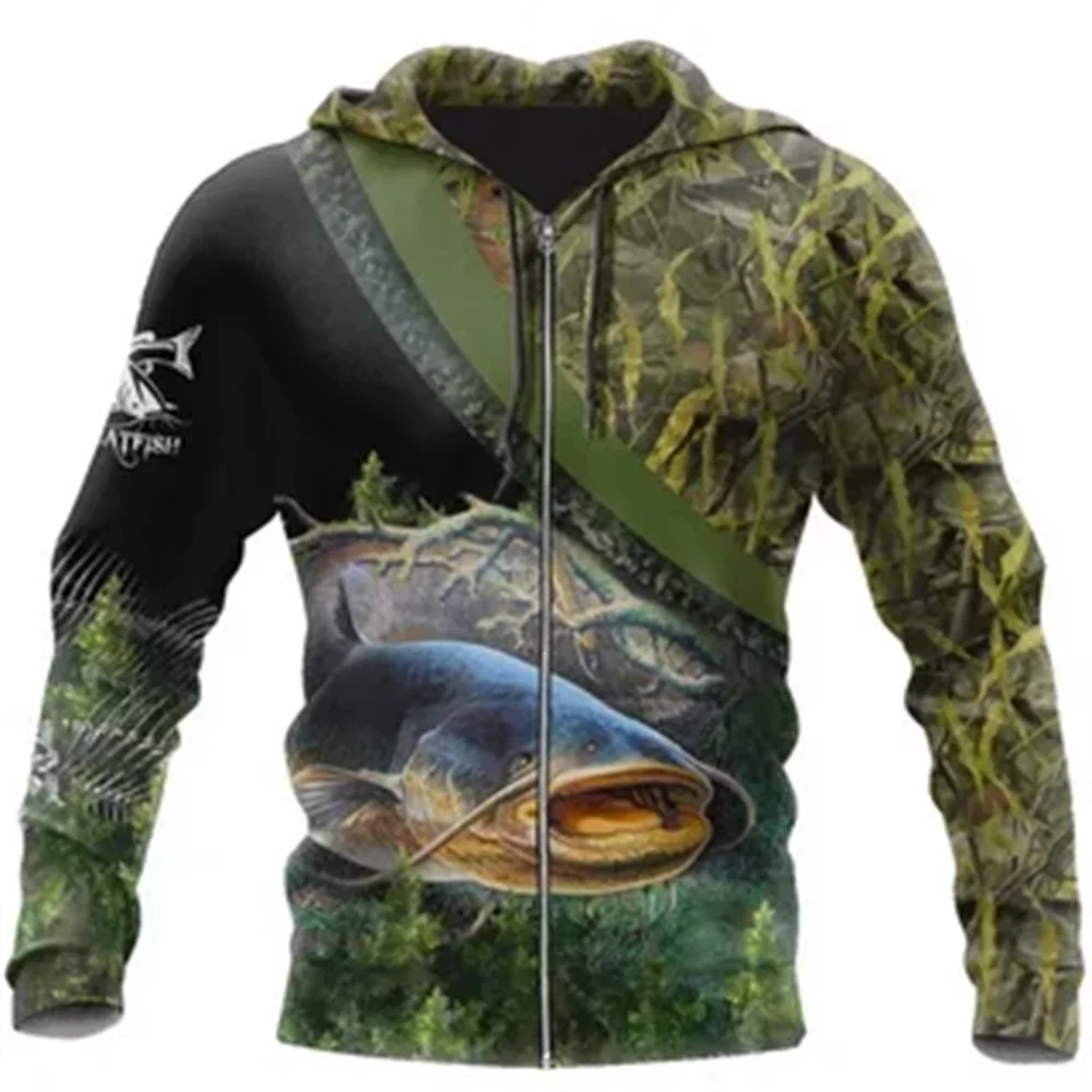 Mannen Zip Up Hoodie Karpervissen Grafische Kleding Sweatshirt Casual Oversize Hoodies 3D Snoekbaarzen Snoek Vliegvis Gedrukt Capuchon Tops