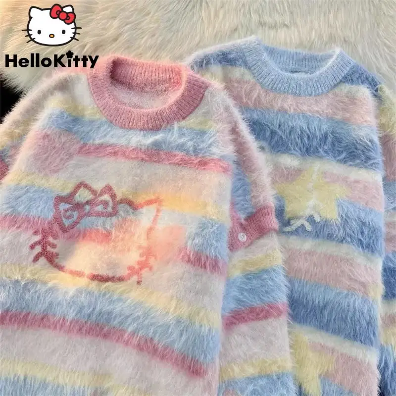 

Женский трикотажный свитер Sanrio, Полосатый пуловер в Корейском стиле с круглым вырезом и принтом Hello Kitty, Y2k, Осень-зима