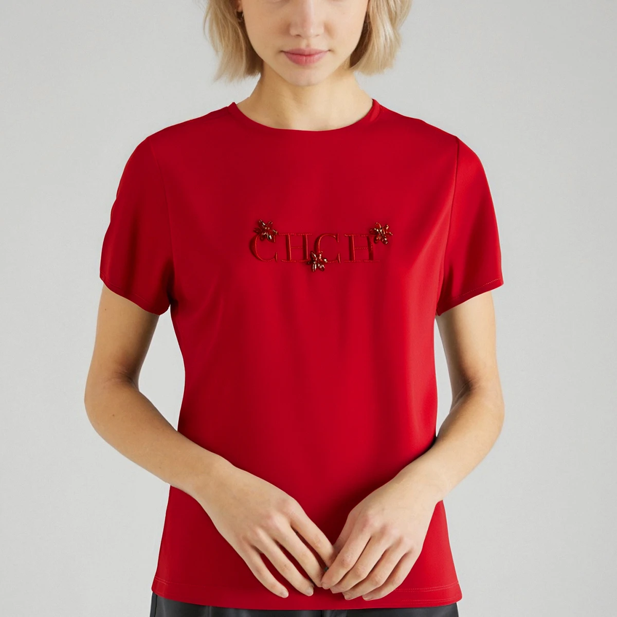 Camiseta CHCH para mujer, nueva camiseta negra resistente bordada con cuello redondo, Top informal cómodo