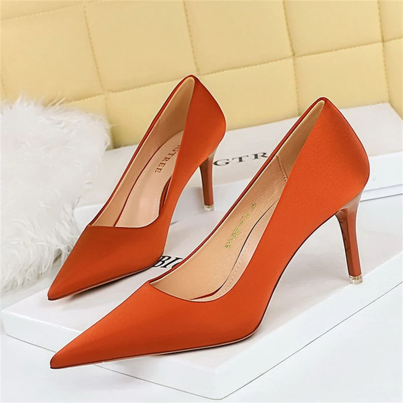 

BIGTREE 2023 Summer Fashion Simple Matching High Heels Slim Heels Shallow Mouth Pointed Party Stripper Satin Women's Sngle Shoes