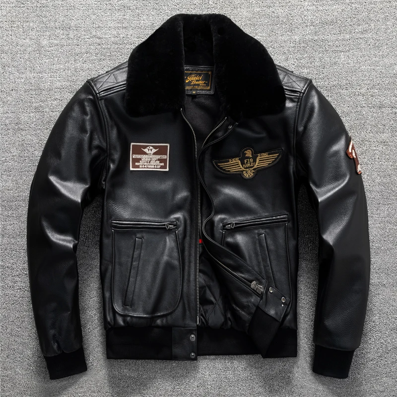 Black Autumn Pilot Leather Jacket Men Military Style Plus Size 5XL Wool Collar Genuine Natural Cowhide Flight Leather Coat