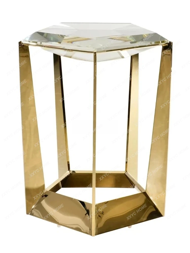 American light luxury champagne gold sofa side table, diamond crystal corner table