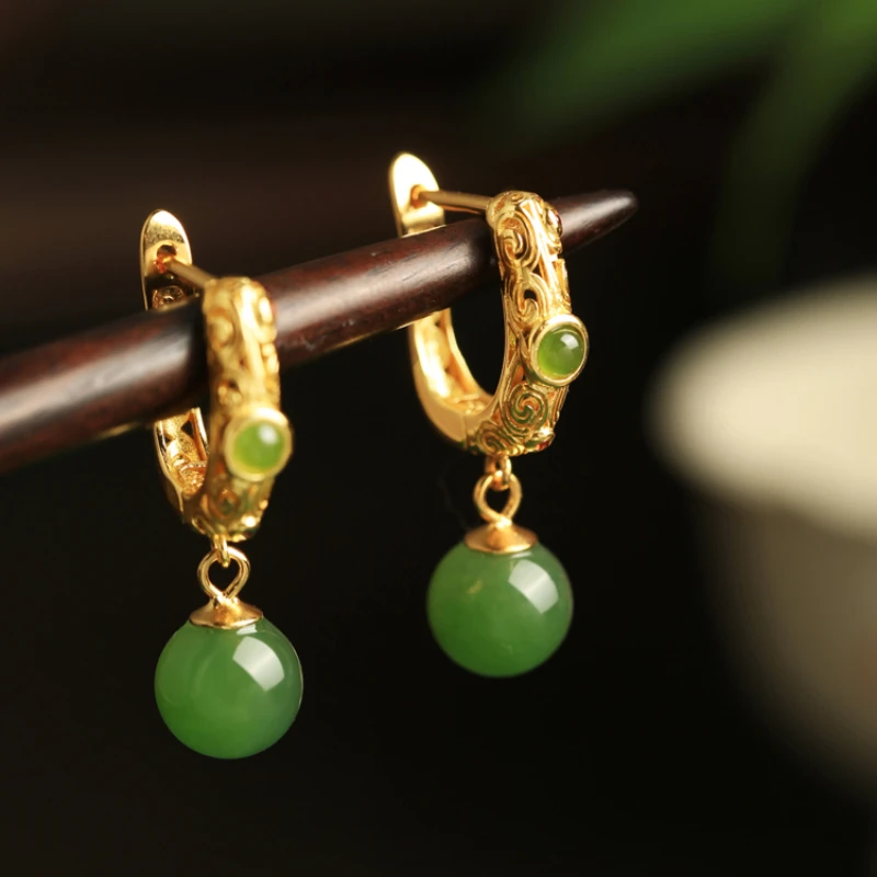 

*Hotan нефритовые серьги-пуговицы из чистого серебра с яшмой для женщин, летний сезон, новые серьги в китайском стиле в национальном стиле