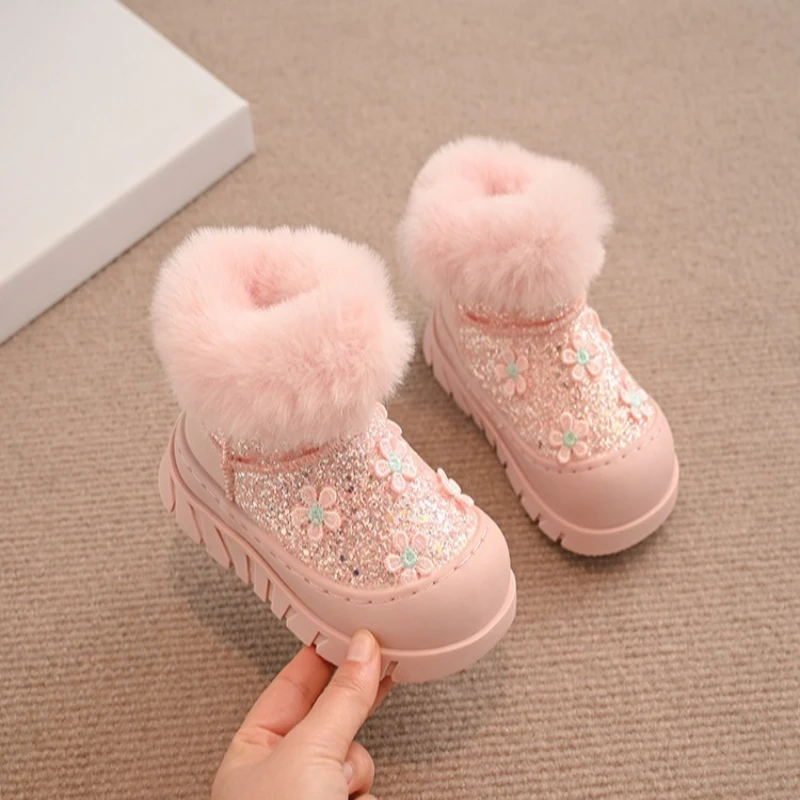 Sepatu Bot Salju Berpayet Putri Fashionable Musim Dingin 2025 Baru untuk Anak-anak, Sepatu Bot Ankle Bersol Tebal Sederhana Serbaguna, Sepatu Kasual Katun untuk Anak Perempuan