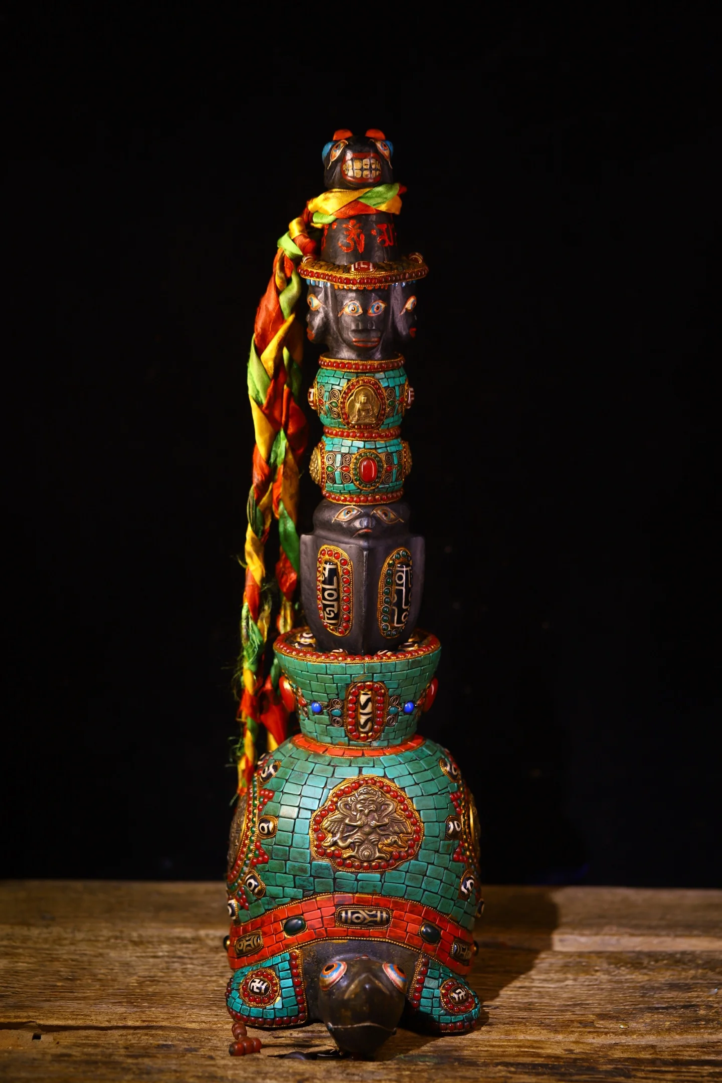 

21"Tibetan Temple Collection Old Natural Meteorite Mosaic Gem gZi Beads Turquoise Turtle Statue Hayagriva Buddha Vajra Phurpa