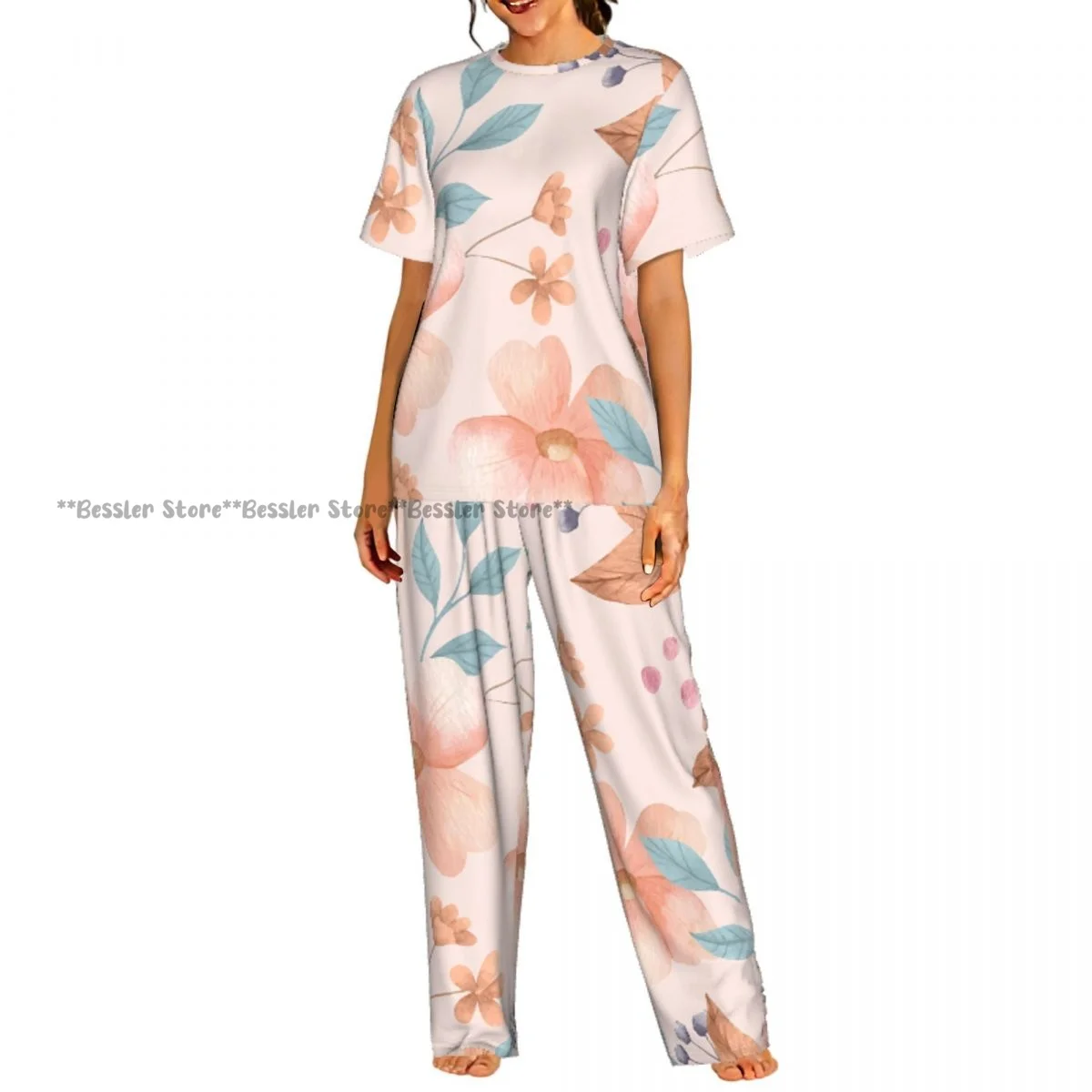 

Women's Comfort Pajamas Women's Floral Peach Short Sleeve Set Sleepwear