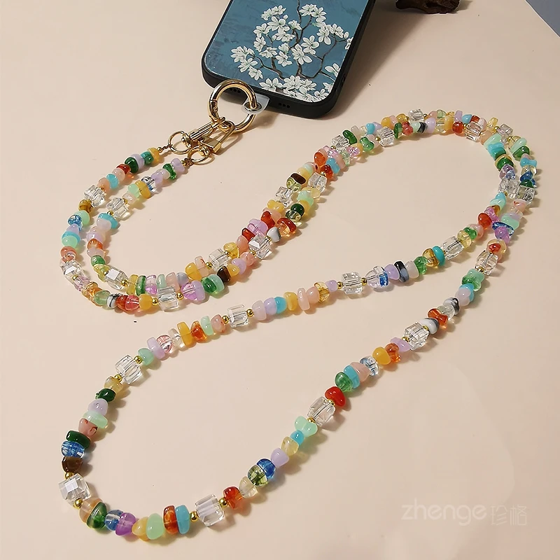 Mobile Phone Lanyard Crossbody Long Chain Side Can Back Multi-colored Stone Beaded Hanging Antique Girl Chain  Lanyard for Keys