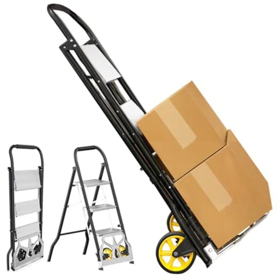 Carretilla Plegable 2 en 1 con Escalera de 3 Peldaños, Carro de Transporte Portátil con Ruedas, Carretilla Resistente Plegable de Aluminio para Equipaje