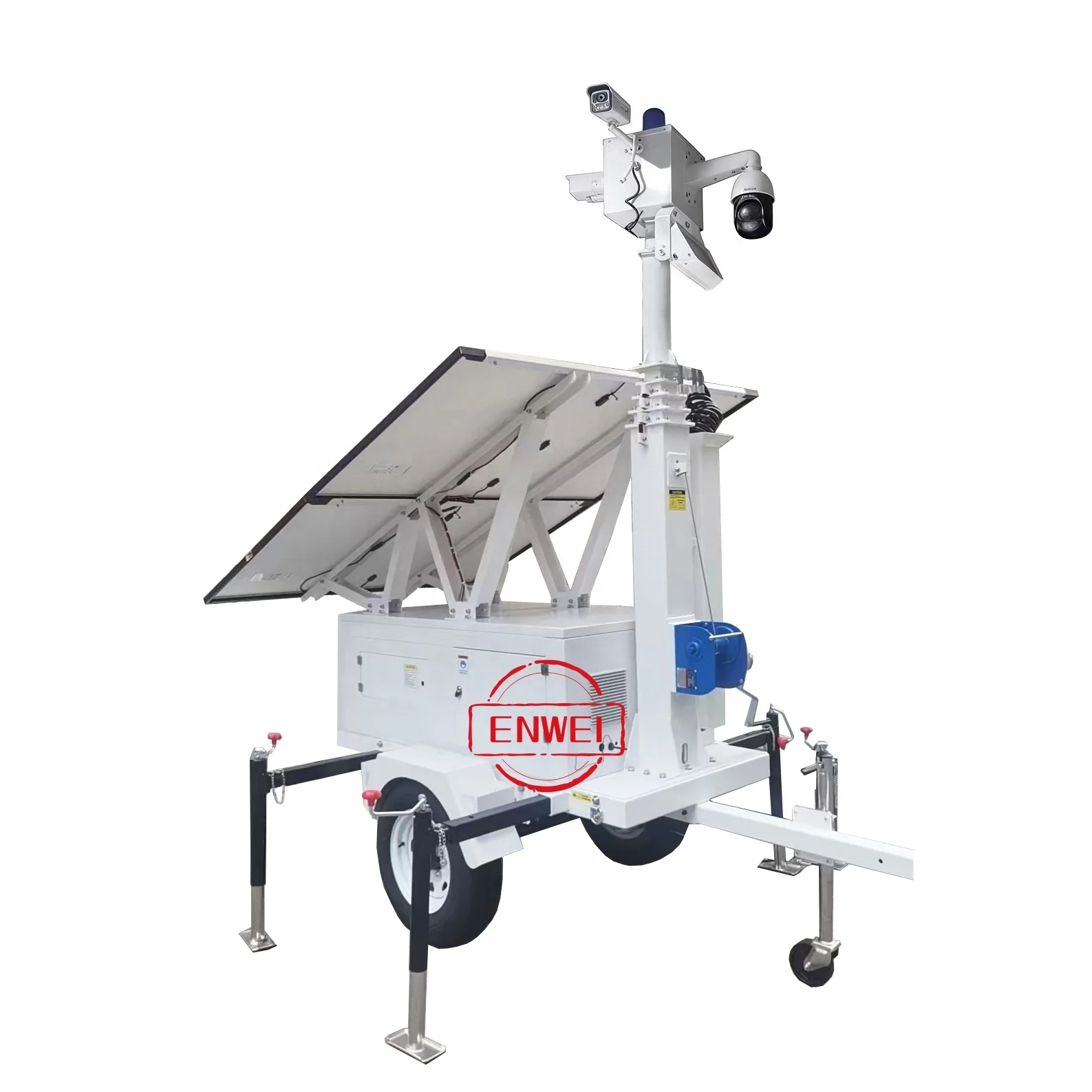 Outdoor mobiele beveiligingscamera-aanhangwagen op zonne-energie met draagbaar bewakingssysteem voor bewaking op de bouwplaats