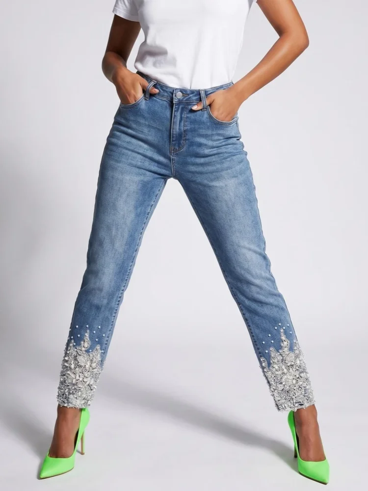 2026 Trend Y2K Style Sequins Lace Rivet Design Slim Women's Stacked Jeans Pants For Woman Clothing Gothic Punk Denim Trousers
