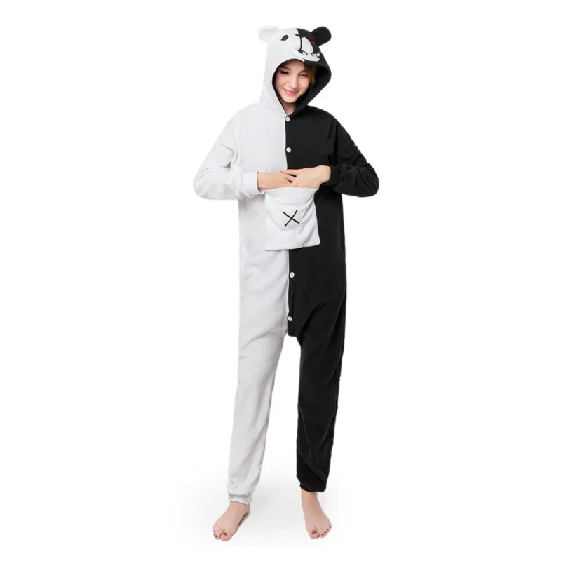 Black White Bear One-piece Pajamas Long-sleeved Cartoon Animal Pajamas Loose Casual Loungewear Autumn Winter Adult Homewear