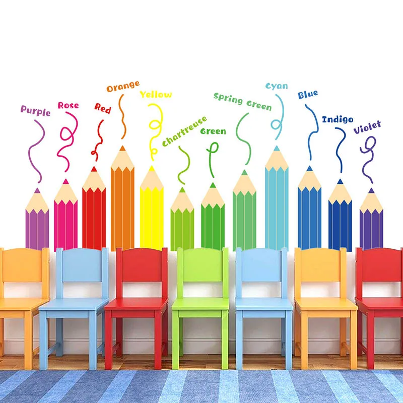 Colorful Pencil English Words Wall Sticker Cartoon Children's Room Study Background Wall Decal Self-adhesive PVC Wall Decor