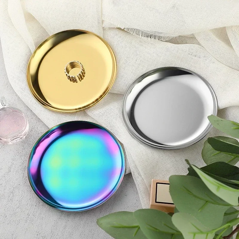 

Metal Decorative Trays 10cm Round Stainless Steel Plates Vacuum Plating Gold/Silver/Colorful Jewelry Trays Desk Organizer