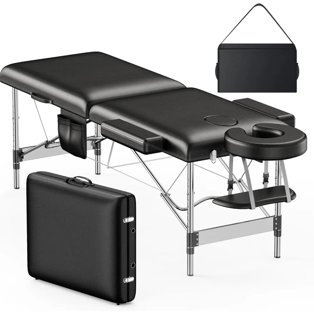 Mesa de masaje portátil, cama de pestañas de 2 pliegues con bolsillo lateral, altura ajustable, marco de aluminio resistente, spa para esteticista