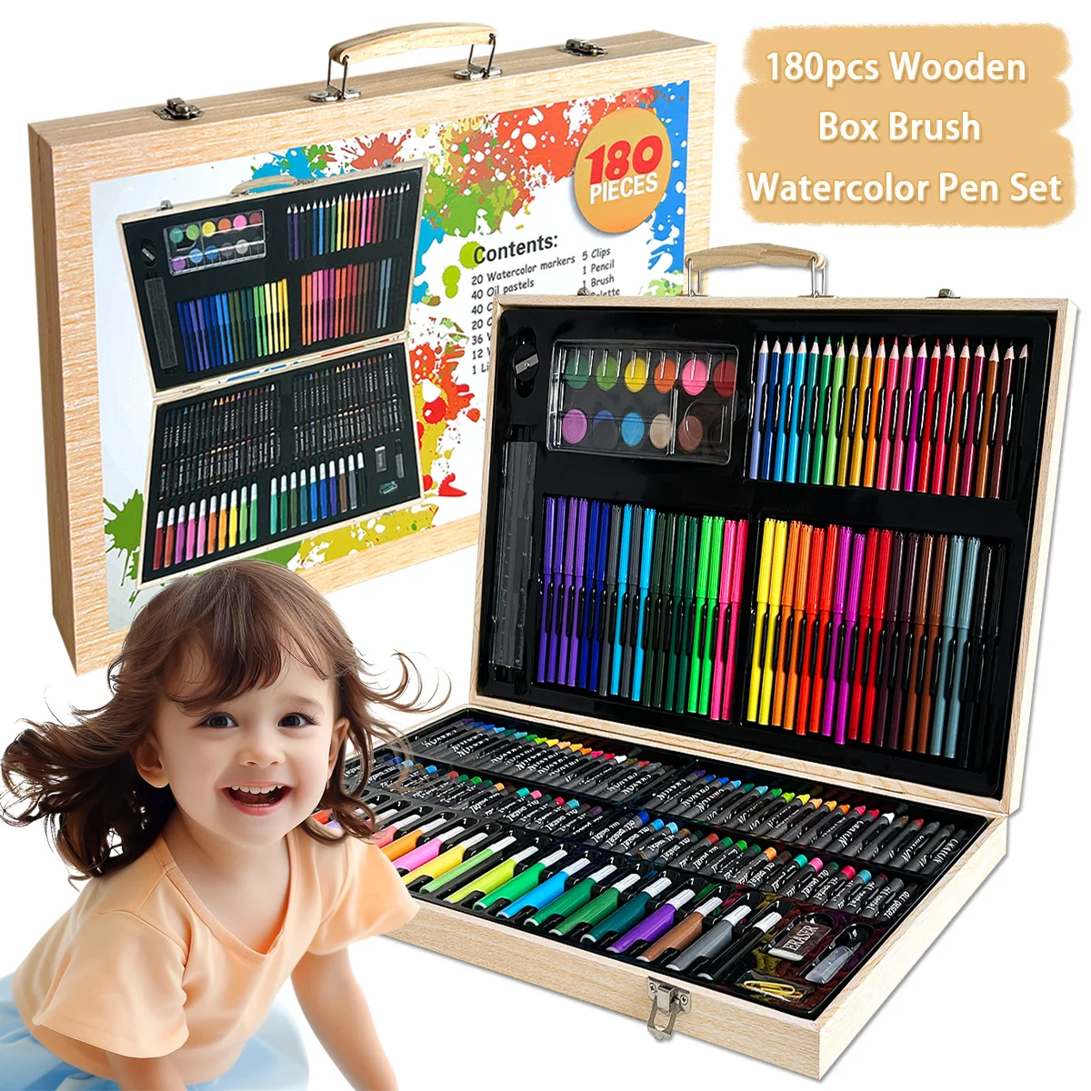 180pcs Children's Coloring Brush Set Wooden Box,Children's School Supplies Painting Set Stationery Gift Box,Christmas Gift