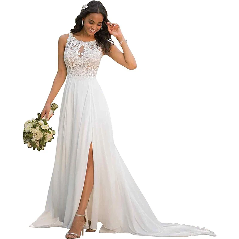 Chiffon A-line Beach Bridal Dress 2025 Boho Lace Applique Wedding Dress for Women