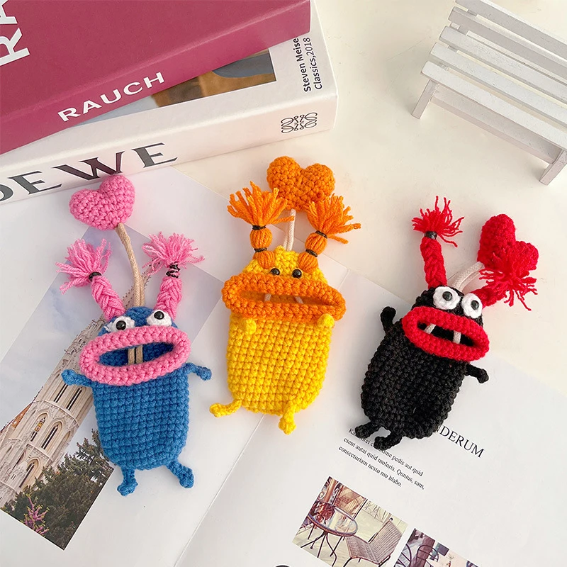 Cartoon Key Case Sausage Mouth Hand-Woven Knitting Car Key Holder Bag Pendant Anti-theft Handmade Crochet Key Fob Cage Protector