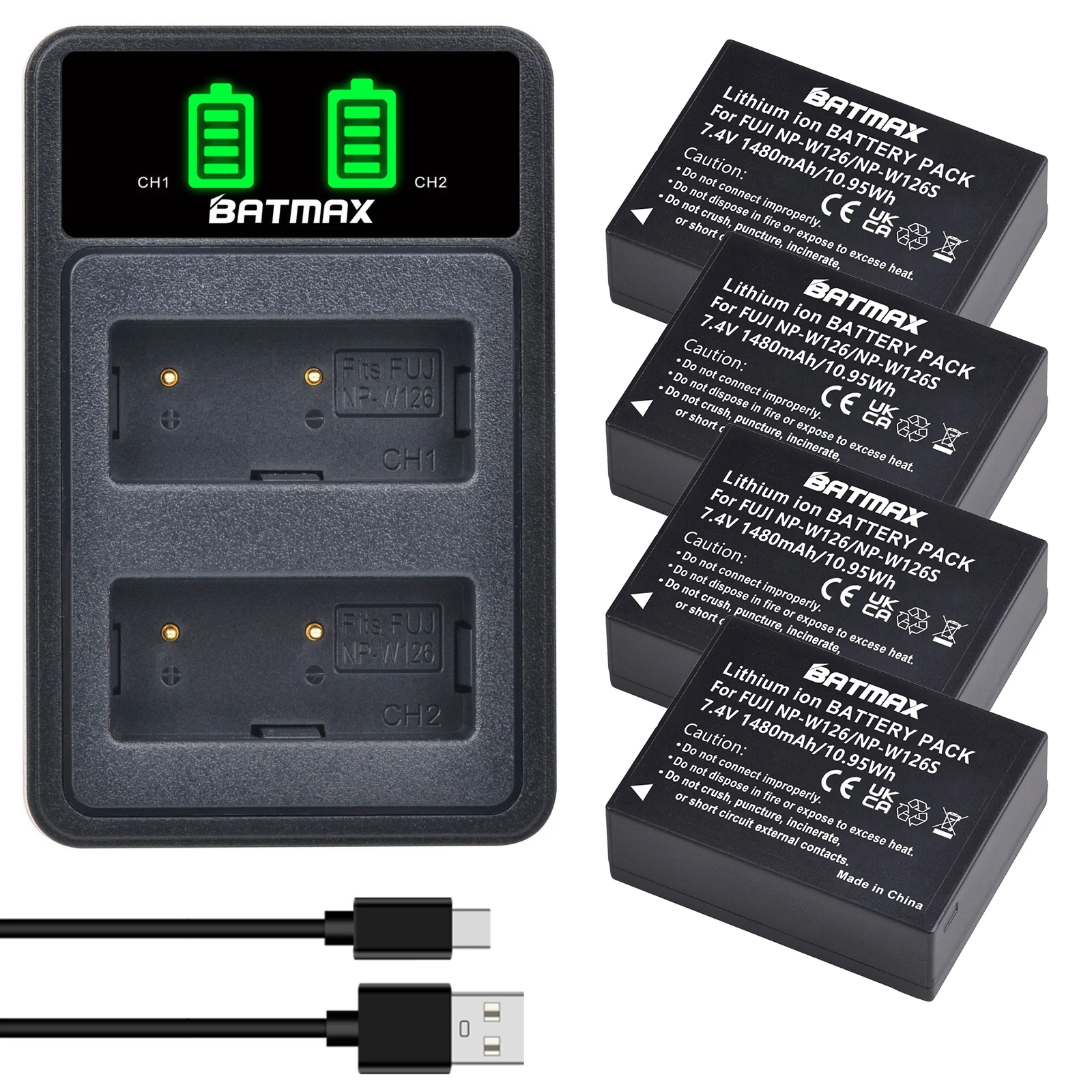 Kit 2 Batterie NP-W126 Con Caricatore USB-C Per Fujifilm X100V, X-T3, X-S10 E Molti Altri