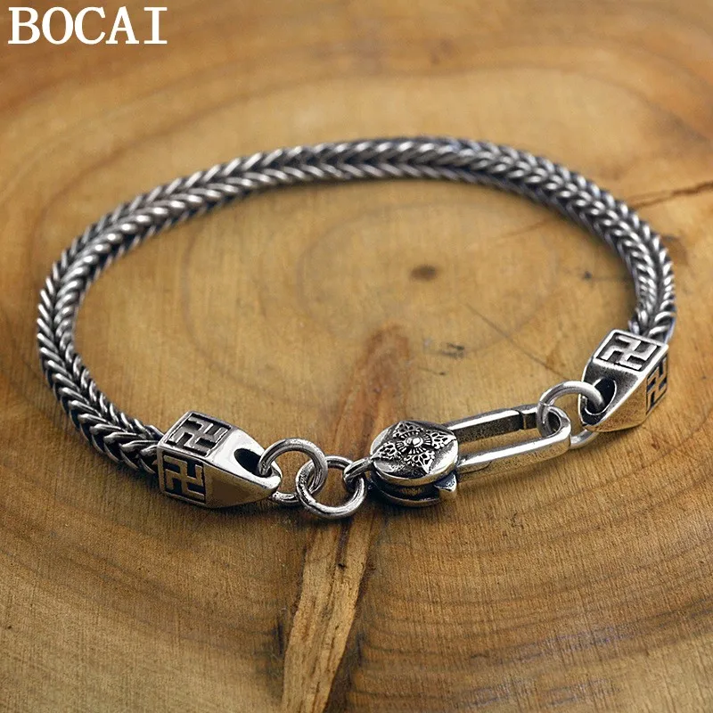 BOCAI New S925 Silver Retro Dominance Diamond Pestle Fox Tail Bracelet Men's Choice Gift