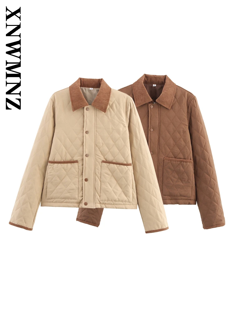 

XNWMNZ 2025 Autumn Women Clothing Fashion Simple Turn-down Collar Long Sleeve Top Vintage Casual Woman's Keep warm Padded Jacket